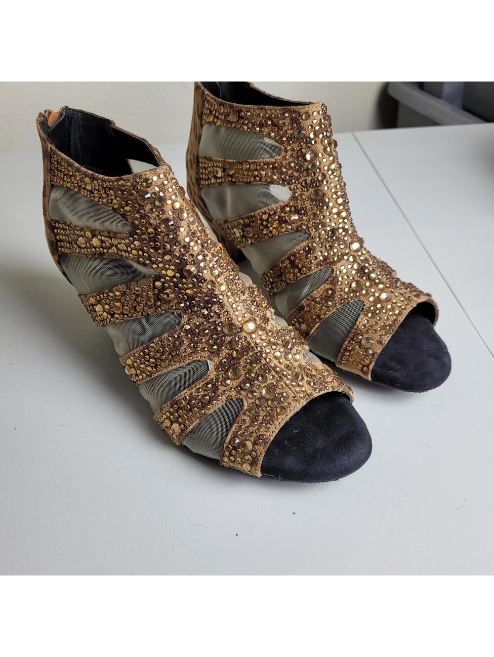 Joan Boyce Women's Strappy Mesh Boots Sz 10 Wide Shoes Rhinestones Leopard Heels - Picture 2 of 9